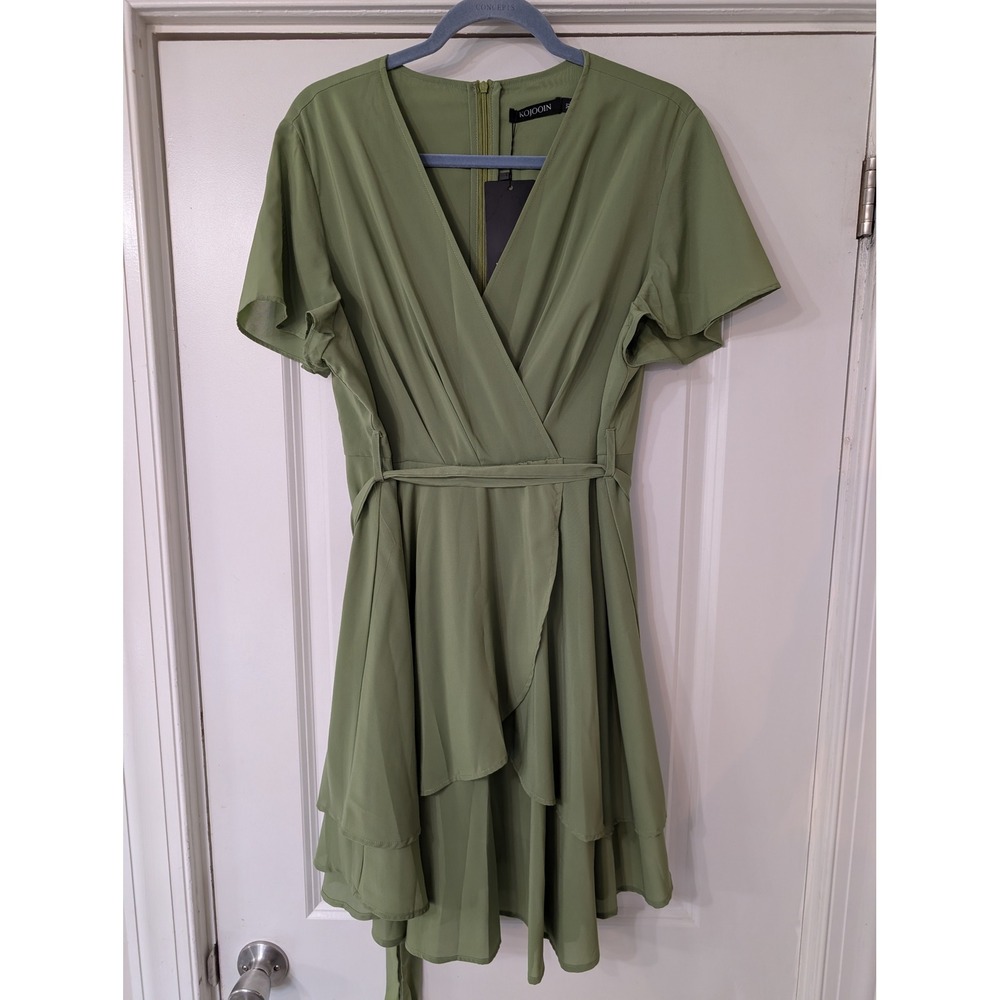 KOJOOIN Womens Sage Green Wrap Dress V-Neck Flutter Sleeve Tiered Ruffle XL NEW